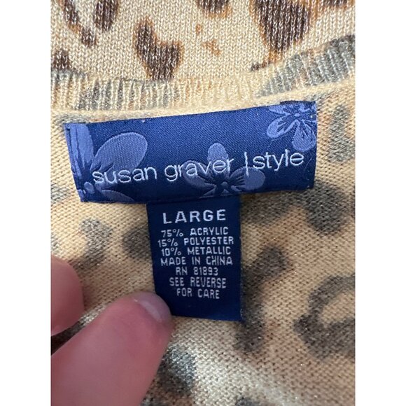 Susan Graver Metallic V-Neck Sweater Animal Print Size L - Picture 3 of 5